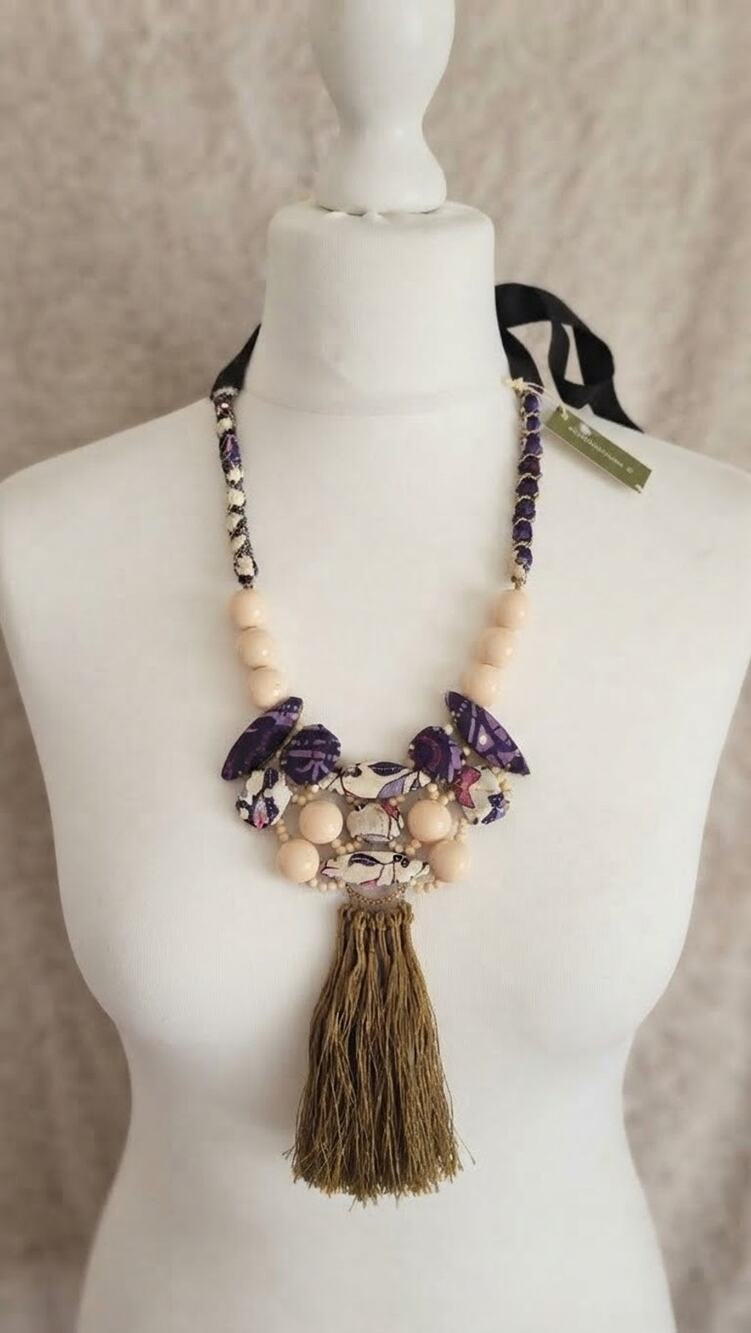 Artisan Statement Necklace Handcrafted Purple Boho Wood Bead Tassel Luxury
